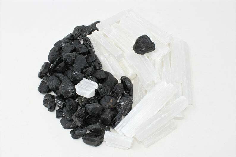 Black Tourmaline and Selenite 1 – 2 LBS combo – Bulk Crystal Protection Grid